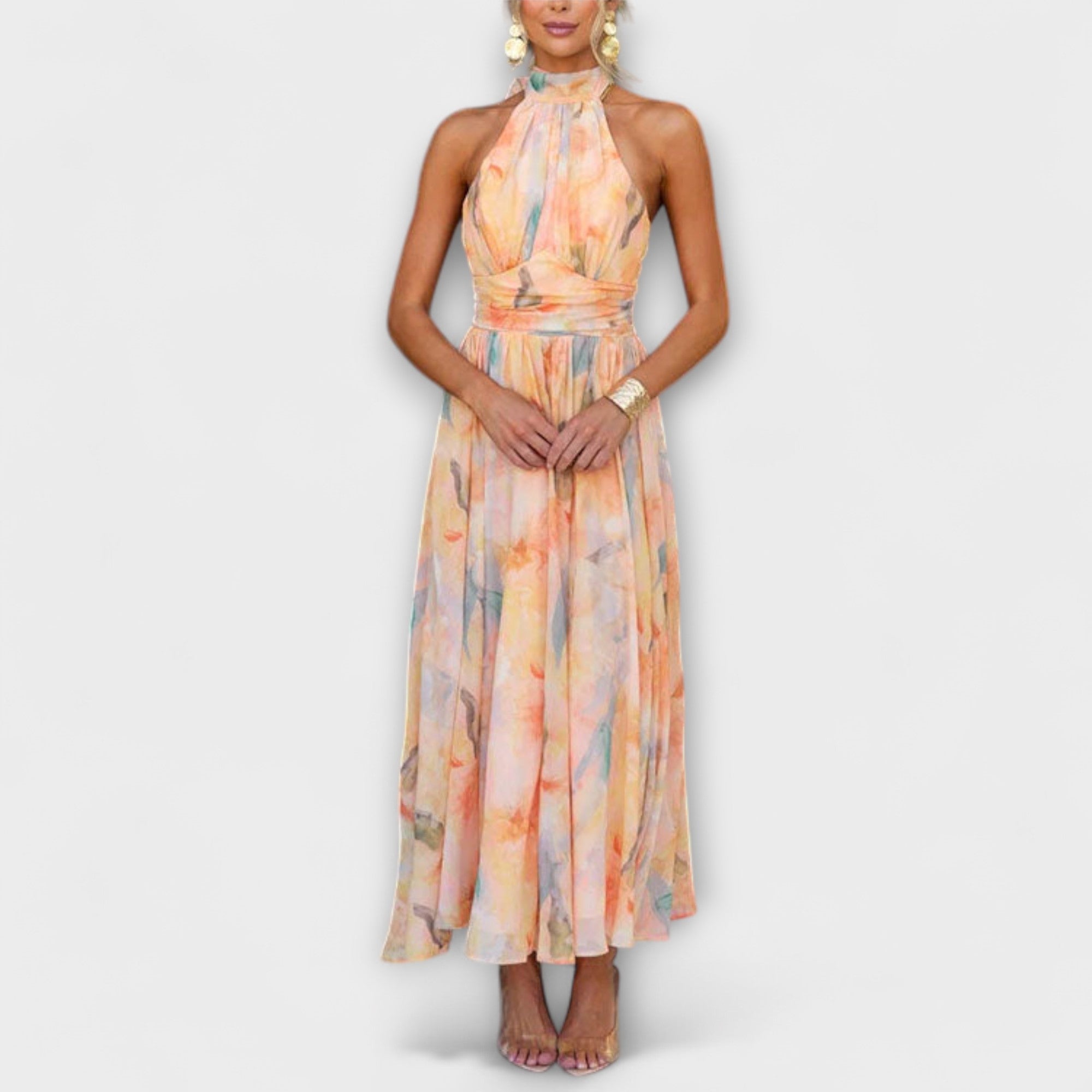 Klara | Sukienka Maxi z Dekoltem Halter i Wzorem Akwarelowym