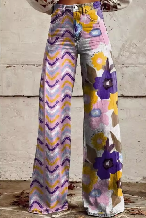 ISADORA | Boho Spodnie z Wysokim Stanem w Kwiatowy Wzór z Artystycznym Komfortem na Festiwale