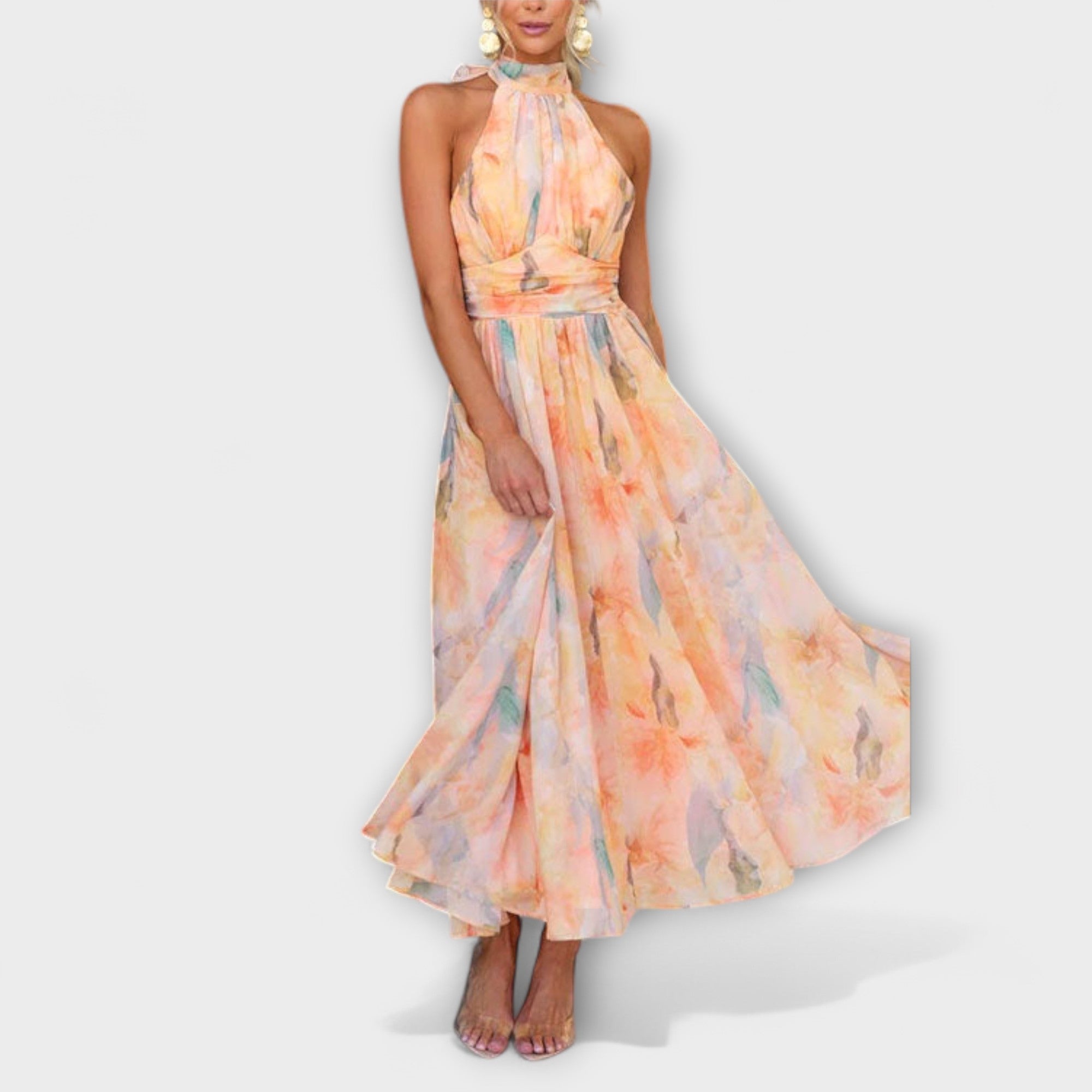 Klara | Sukienka Maxi z Dekoltem Halter i Wzorem Akwarelowym
