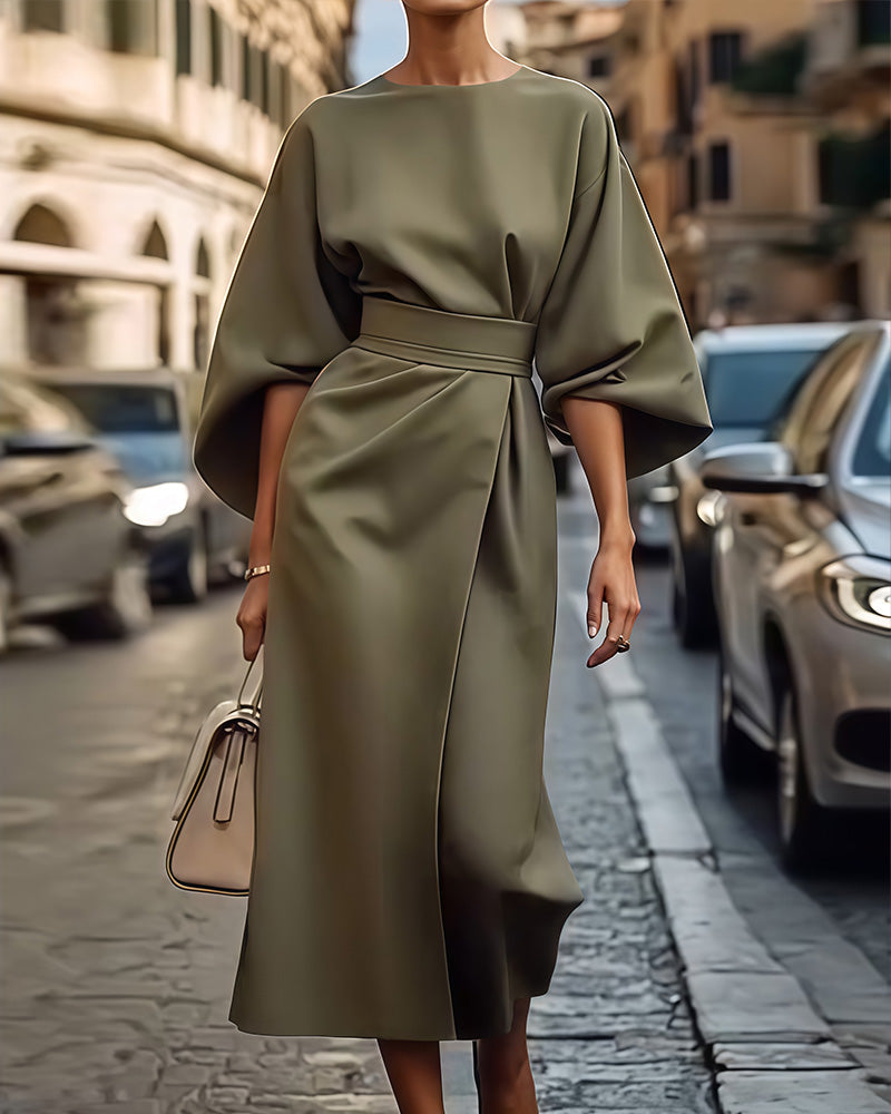 Kowalski™ | Sukienka Z Eleganckimi Latarniowymi Rękawami I Paskiem