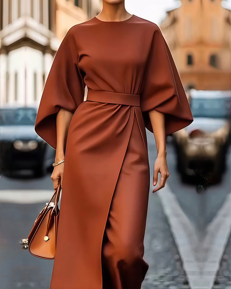 Kowalski™ | Sukienka Z Eleganckimi Latarniowymi Rękawami I Paskiem