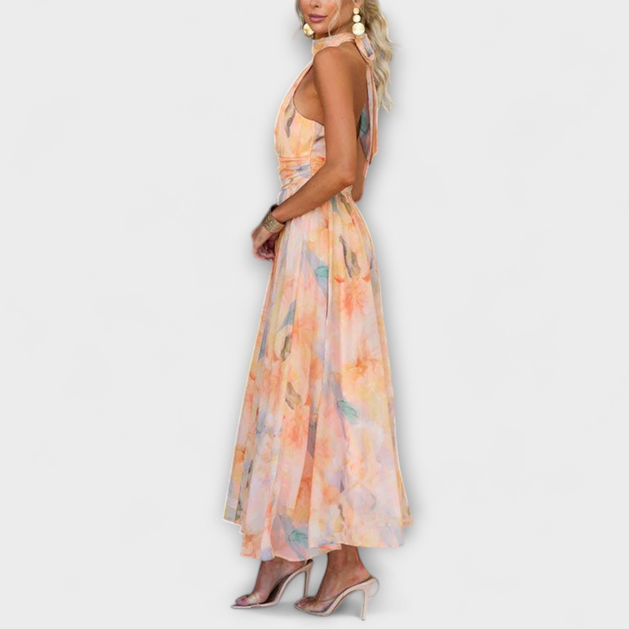 Klara | Sukienka Maxi z Dekoltem Halter i Wzorem Akwarelowym