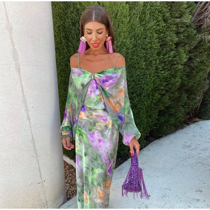 Anisten™ | Stylowa Maxi Sukienka z Halo-Dye-Print i odpinanym szalem